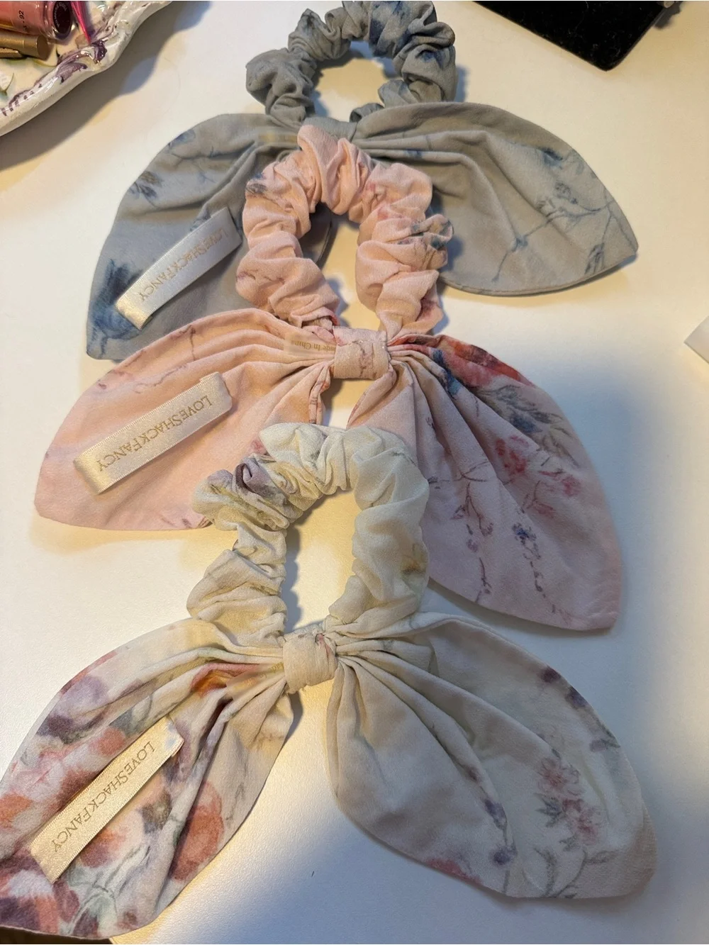 set of 3 : LoveShackFancy Floral Bow Scrunchie Set of 3 - Pink, Blue, Cream